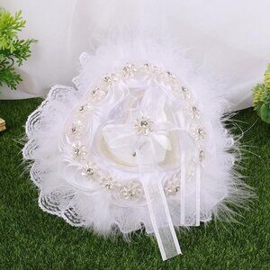 Heart Shaped Wedding‎ Ring Pillow Rhinestones & Satin Ribbons Ruffle Trim White